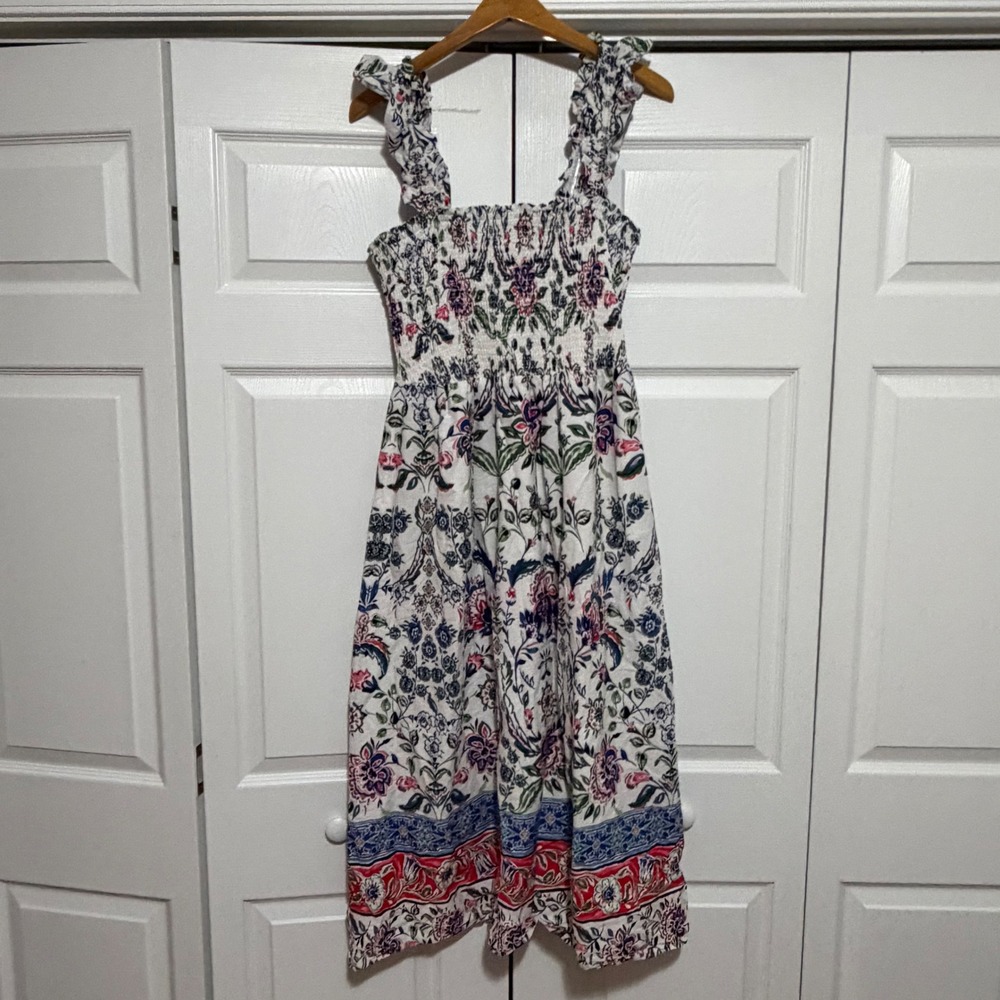 Anne Klein Floral Smocked Midi Dress Womens XL White Blue Red Cottage Core Girl